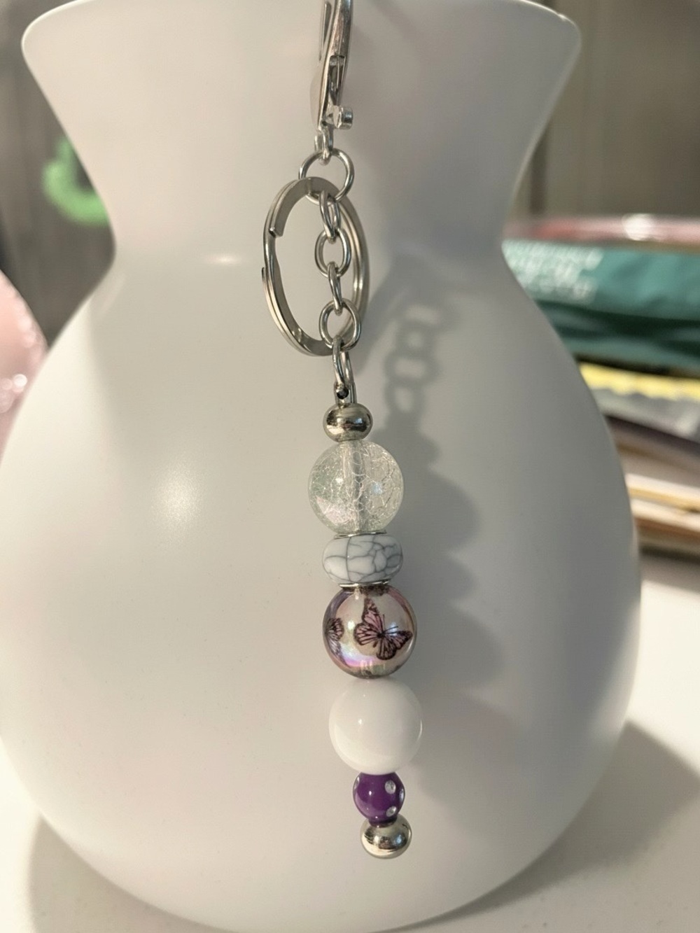 NWOT Beaded Butterfly Keychain - Purple & White Accent